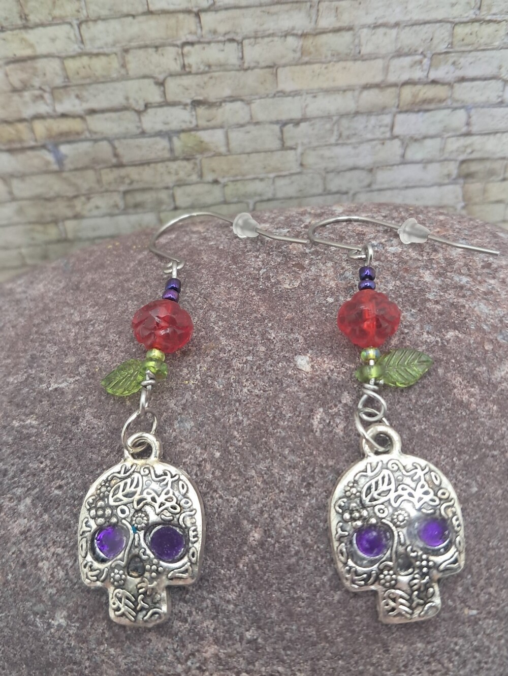 Handmade Steel Sugar Skull Earrings Red Rose Beads & Green Leaves Day of Dead
